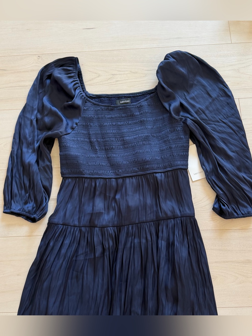 NWT Karen Kane Dark Navy Smocked Bodice Maxi Dress with Puff Sleeves - Picture 2 of 6